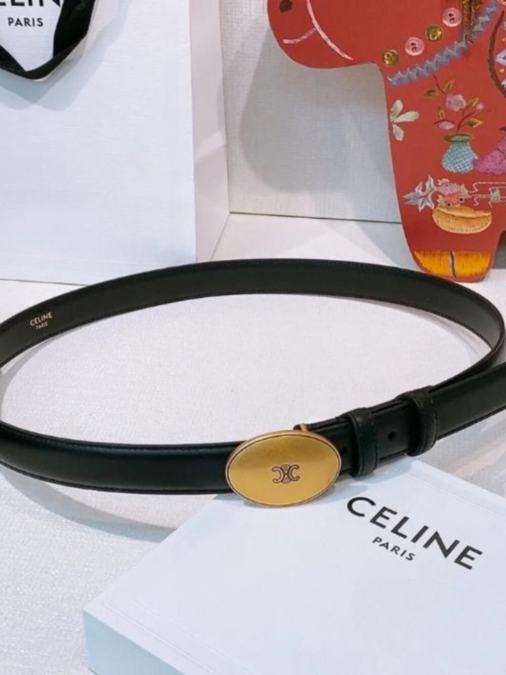 Celine Black Leather Belt with Oval Gold Buckle – Size 90cm, With Original Box